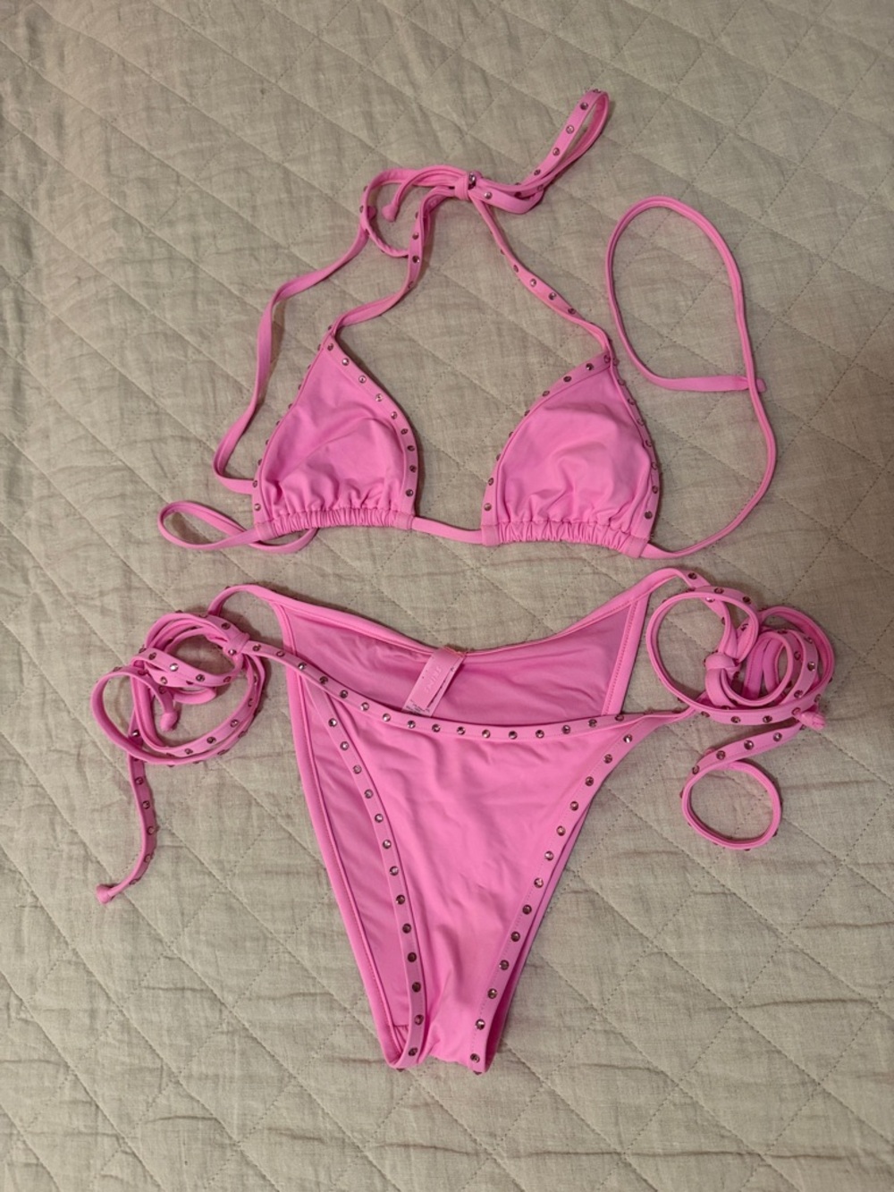 Skims Pink Studded Triangle Bikini Set